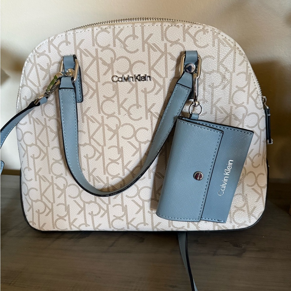 Calvin Klein Monogram Beige and Blue Shoulder Bag